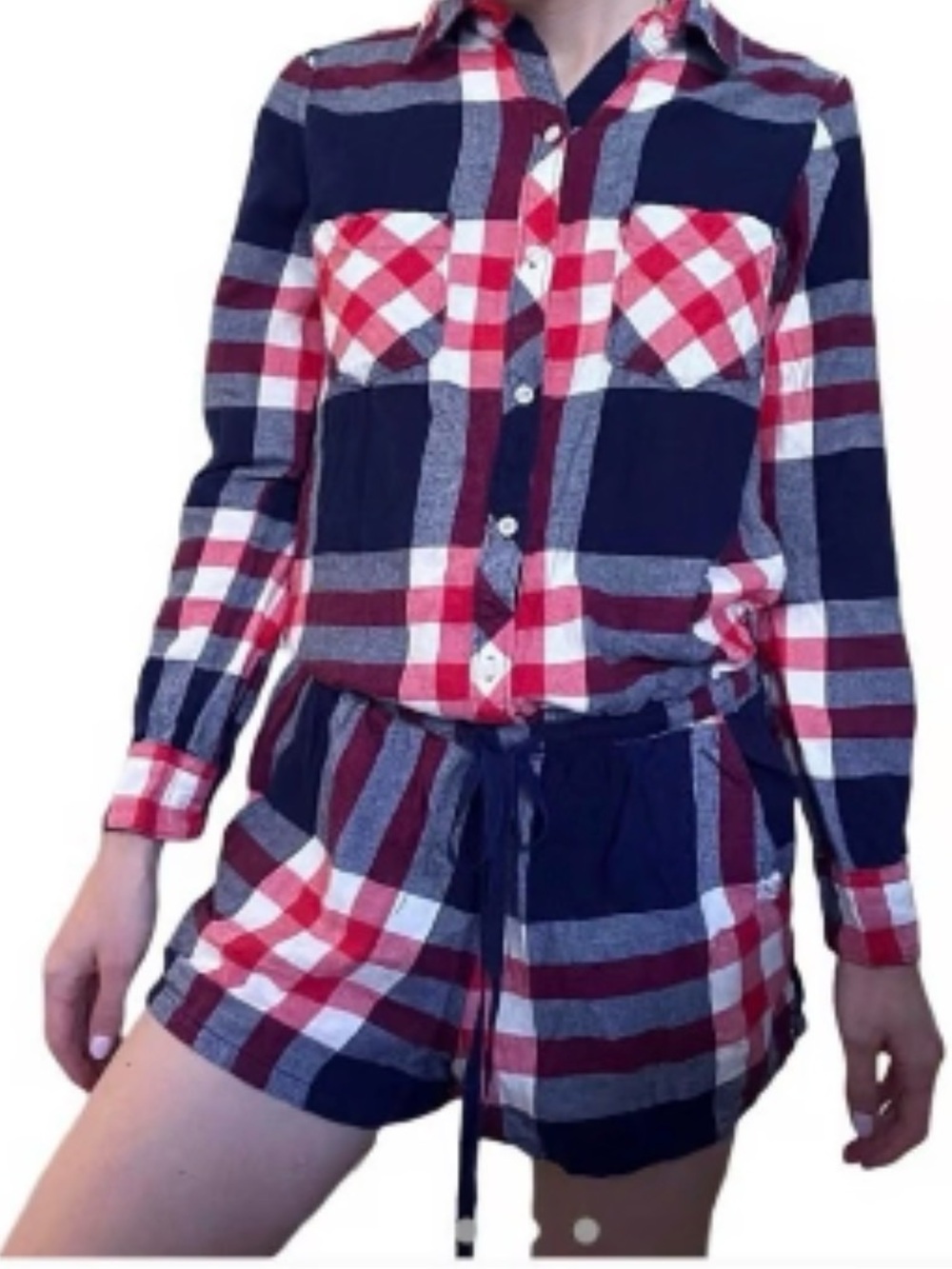 aerie Flannel Navy Red & White Plaid Button-Front Romper shorts & long sleeve XL